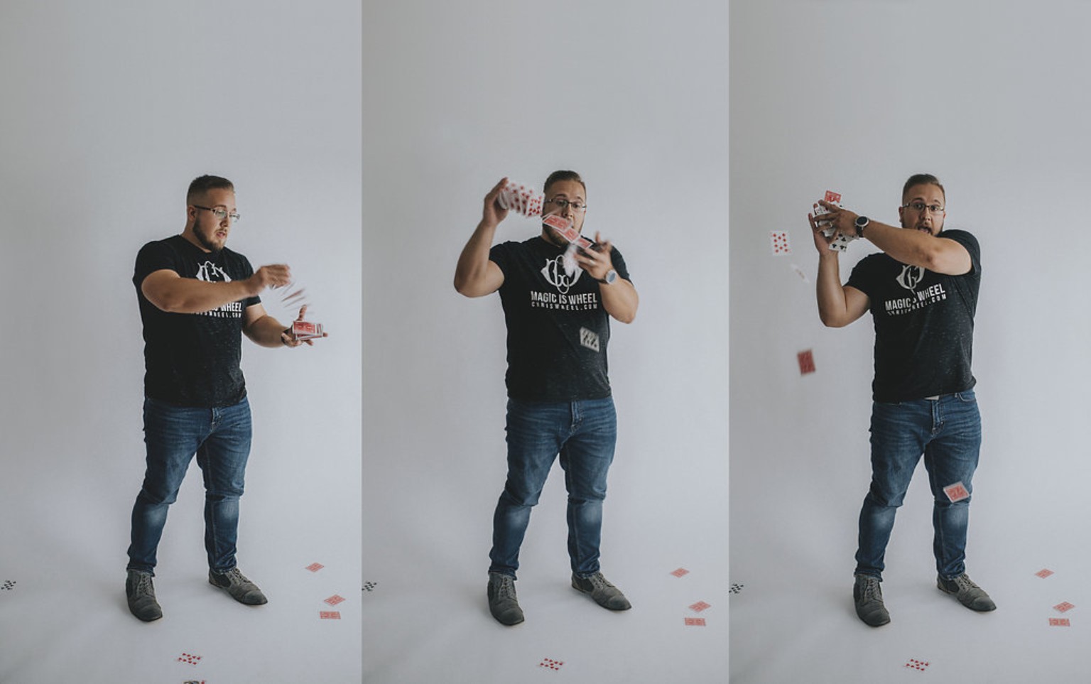 Chris Wheel performing a sequence of card flourishes