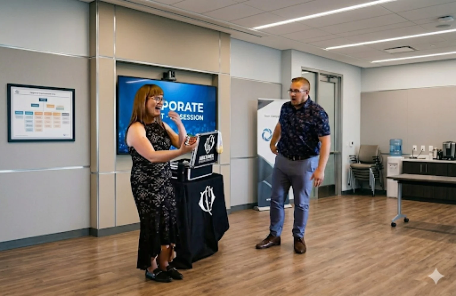 An audience volunteer taking part in a Chris Wheel corporate show