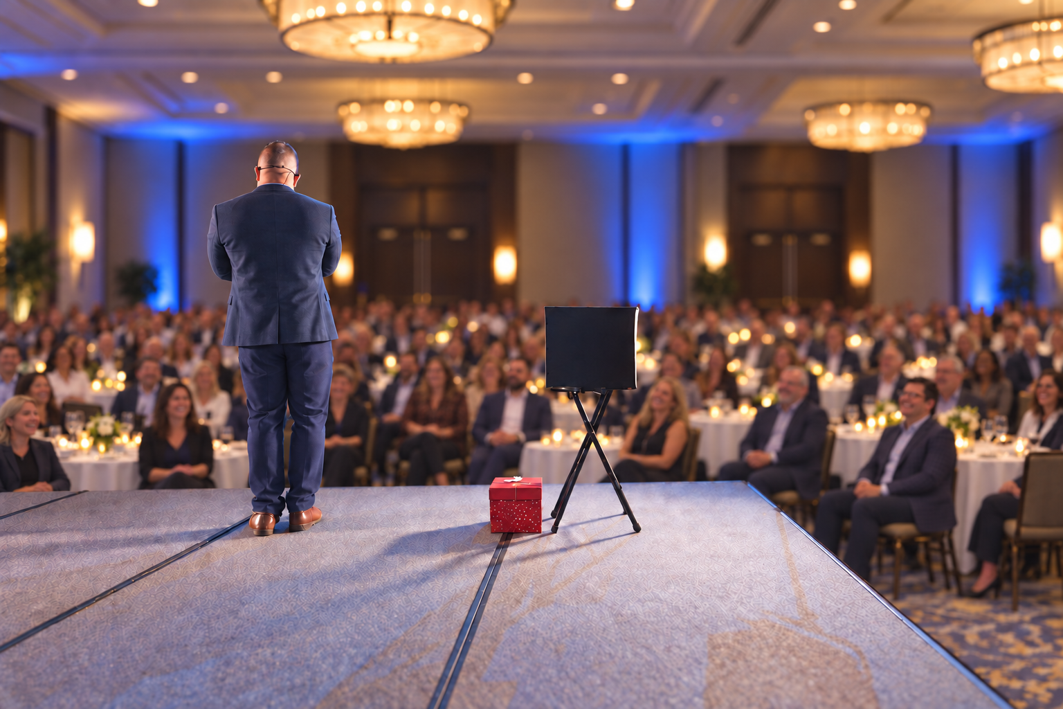 Chris Wheel performing for a ballroom full of corporate guests