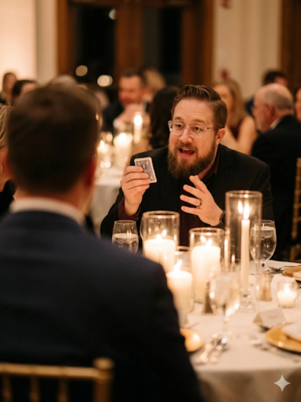 Chris Wheel performing card magic at a candlelit dinner