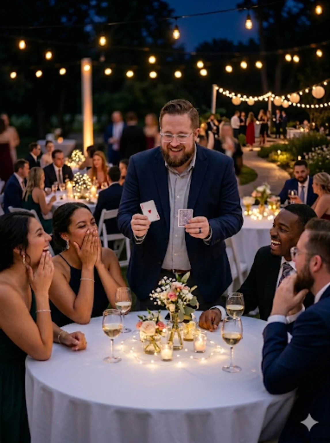 Guests laughing as Chris Wheel performs close-up card magic at an outdoor celebration