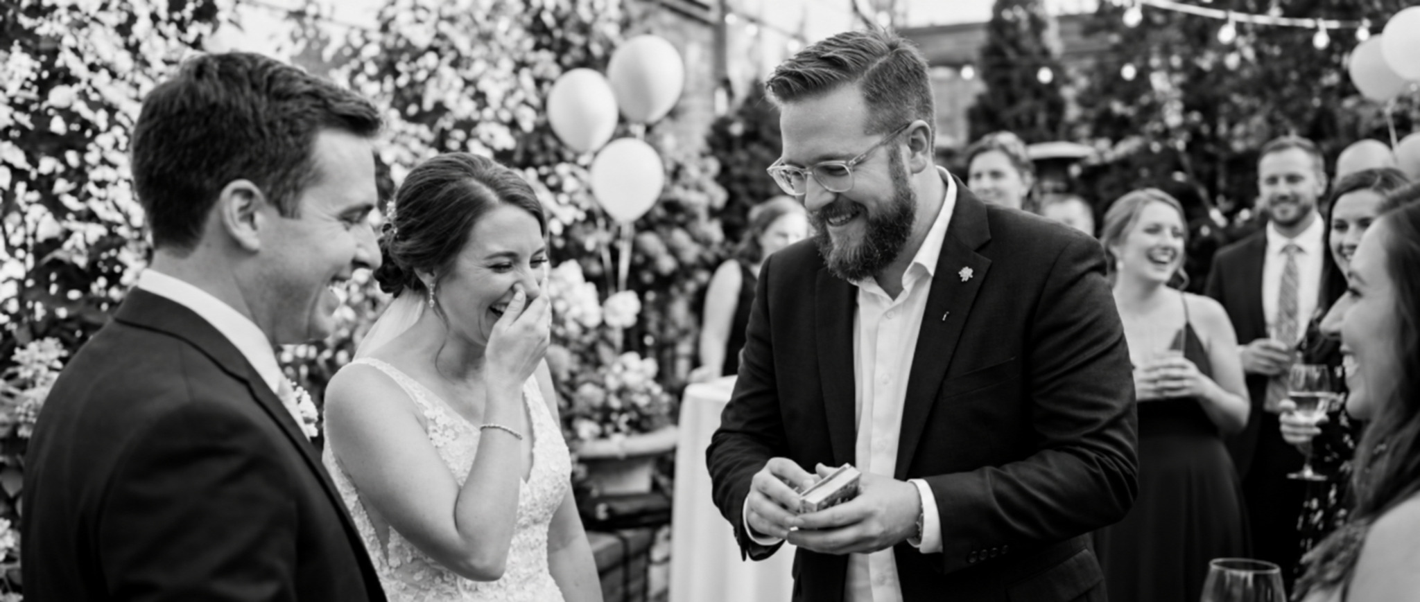 A bride and guests reacting to Chris Wheel’s close-up magic